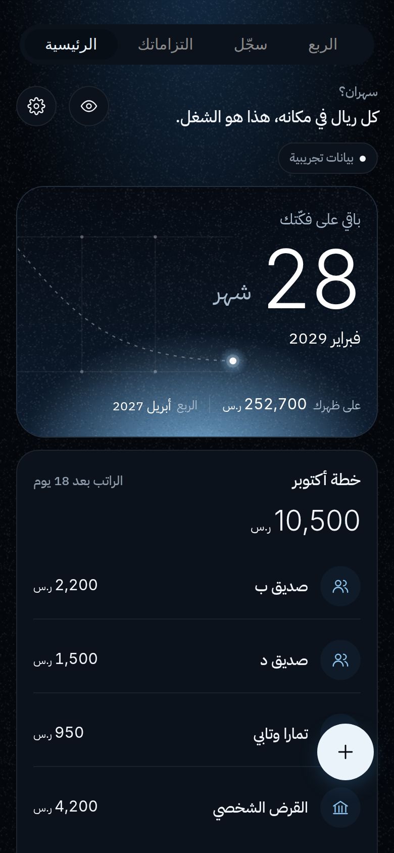 الشاشة الرئيسية ببيانات تجريبية: باقي 28 شهر على فكّتك، فبراير 2029.